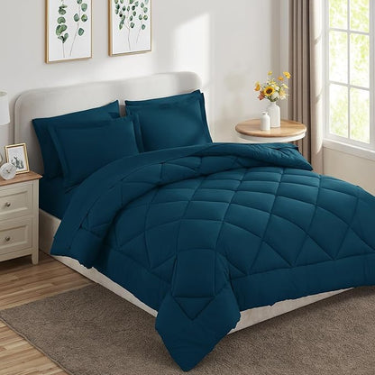 CozyLux Queen Comforter Set Lyons Blue - Bed in a Bag Queen Size 7 Pieces, Luxury Soft Bed Set for All Seasons, Bedding Set with Down Alternative Comforter, Sheets, Pillowcases & Shams