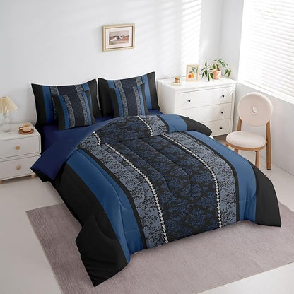 jejeloiu Adult Classic Jacquard 7 Piece Bedding Set King Size Damask Pattern Comforter Set with Sheets for Boys Girls Black Blue Stripe Bed in a Bag Baroque Bed Set