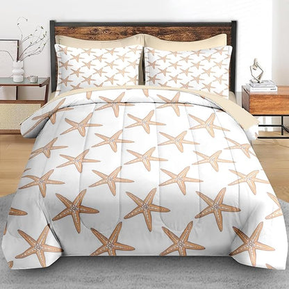 Comforter Set Twin Size, Boho Sea Shells 5 Pcs Bedding for Kids and Adults, Nautical Beach Summer Bed Sheet Sets with Fitted Sheet Pillowcase & Sham for Bedroom Bed Decor