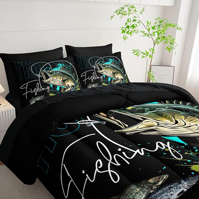 Big Pike Fish Bedding Set, Queen Size, 7 Piece, Brown Green Fishing, Fishing Bedding Set Themed Comforter Set for Kids Boys Room Decor