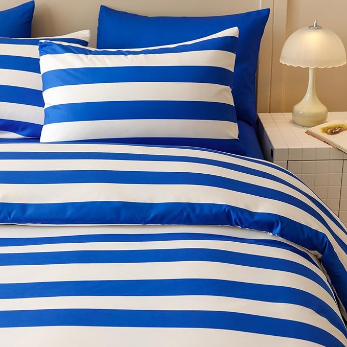 KAREVER Royal Blue White Stripes Comforter Set King Size Royal Blue White Stripes Bedding Set 3 PCs Comforter Set King Size Fluffy Linen Comforter Sets