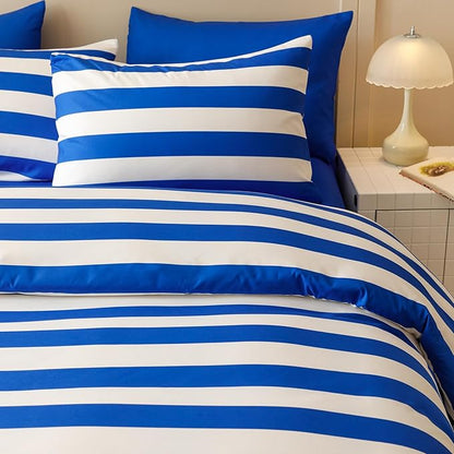KAREVER Royal Blue White Stripes Comforter Set King Size Royal Blue White Stripes Bedding Set 3 PCs Comforter Set King Size Fluffy Linen Comforter Sets
