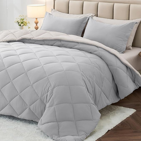 MUXHOMO 5 Pieces Twin XL Comforter Set, Reversible Bed in a Bag Twin XL Size, All Season Bedding Set with Comforter, Flat Sheet, Fitted Sheet, Pillowcases & Shams, Light Grey & Beige