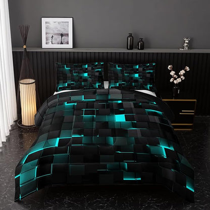 Neon Turquoise Black Comforter Set Queen Geometric Kids Bedding Set,3 PCS Geometry Honeycomb Bed Set Modern Quilt Set 1 Comforter 2 Pillow Cases Cool Room Decor All Season B-Side Black