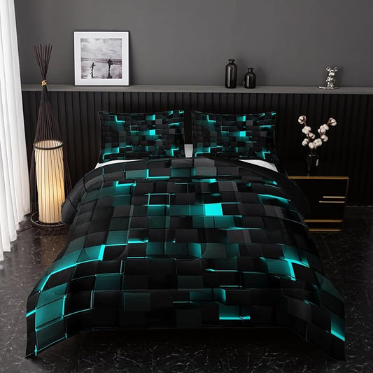 Neon Turquoise Black Comforter Set Full Geometric Kids Bedding Set,3 PCS Geometry Honeycomb Bed Set Modern Quilt Set 1 Comforter 2 Pillow Cases Cool Room Decor All Season B-Side Black