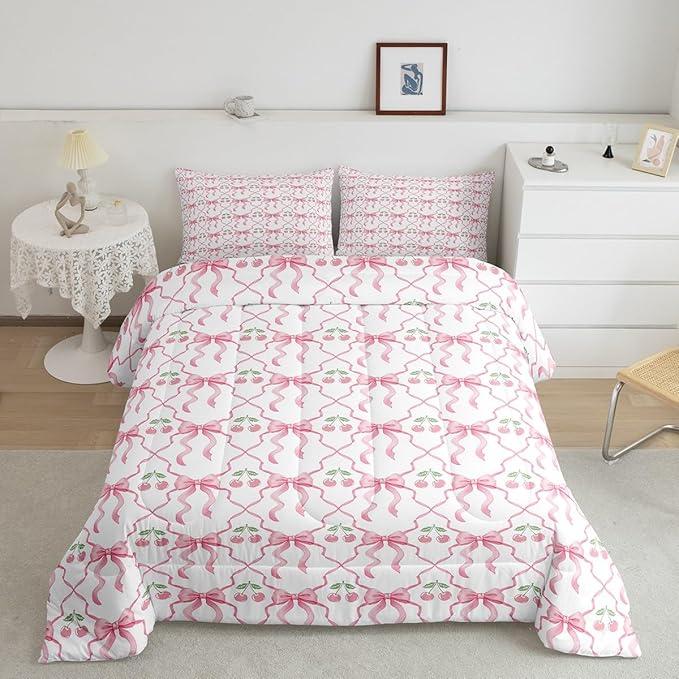 Erosebridal Cute Bow Bedding Set for Girls Kids Teen,Pink Cherry Bowknot King Comforter Set Kawaii Girly Ribbon Bow Down Comforter Pink White Geometric Plaid Bow Bed Set