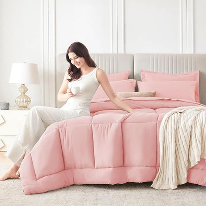 Sasttie King Size Comforter Set, 7 Pieces Bed in a Bag King, Complete Bedding Set Includes Comforter, Flat Sheet, Fitted Sheet, Pillowcases and Pillow Shams, Pink
