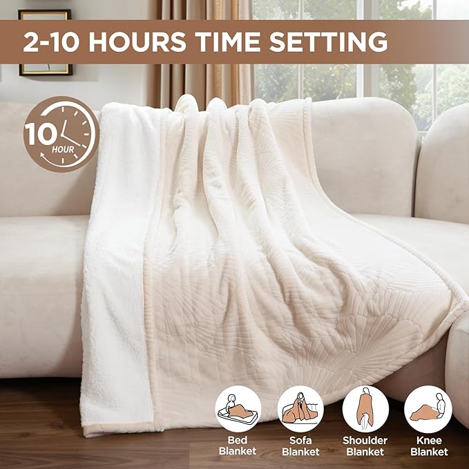 Westinghouse Electric Throw Blanket, Flannel Sherpa Heated Throw with 6 Heating Levels and 2-10 Hours Auto-Off, Flower Jacquard Heated Blanket, Fast Heating & ETL Certification, 50" x 60" Inch, Beige