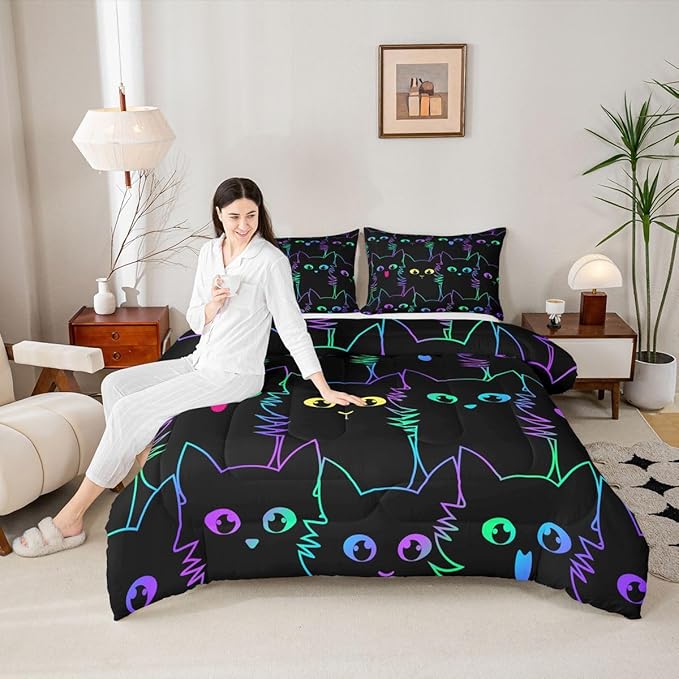Erosebridal Kids Bedding Cartoon Cat Comforter Set Twin Size,Gradient Line Cute Cat Bedding Set for Teens Boys Girls Adults Room Decor,Lovely Animal Kitten Print Comforter All Season,Rainbow Black