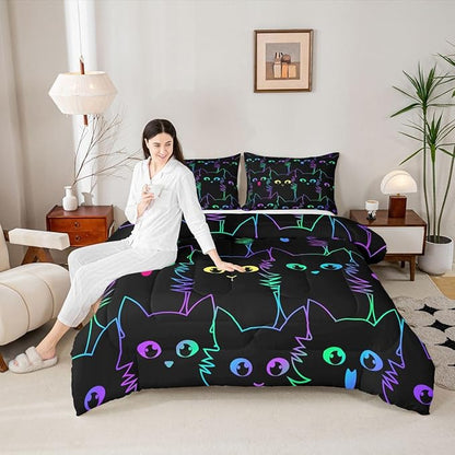 Erosebridal Girls Bedding Cartoon Cat Comforter Set Queen Size,Gradient Line Cute Cat Bedding Set for Kids Teens Boys Young Man Room Decor,Lovely Animal Kitten Print Comforter All Season,Rainbow Black