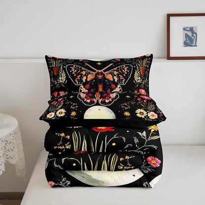 Erosebridal Adults Death Moth King Comforter Set, Gothic Moth Bedding Set Moon and Star Black Comforter for Kids Boys Girls Women Men Bedroom Decor, Boho Exotic Vintage Floral Butterfly Quilt