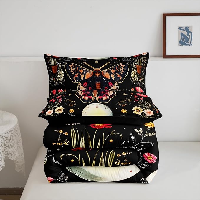Erosebridal Adults Death Moth Toddler Comforter Set, Gothic Moth Bedding Set Moon and Star Black Comforter for Kids Boys Girls Women Men Bedroom Decor, Boho Exotic Vintage Floral Butterfly Quilt