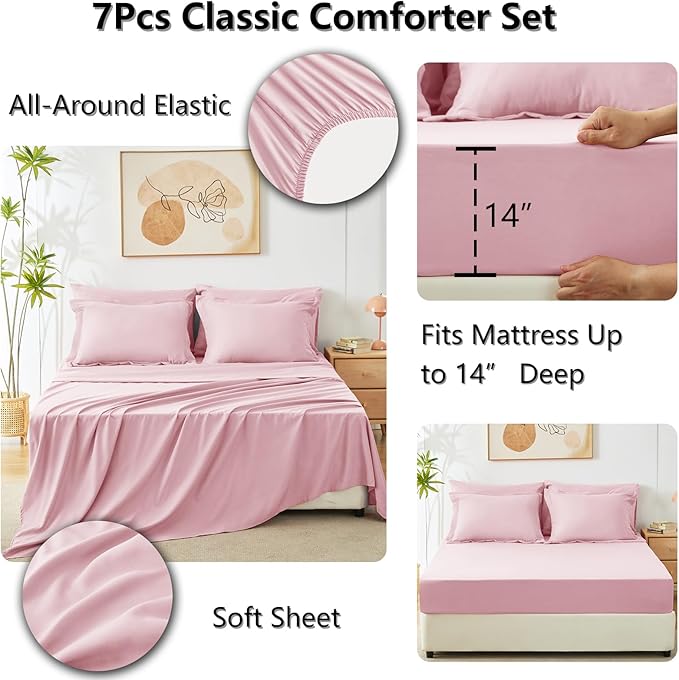 CozyLux Oversized Queen Comforter Set Pink, 7 Pieces Bed in a Bag Comforter Set with Sheets Luxury Bed Set All Seasons, Bedding Set with Down Alternative Comforter, Sheets, Pillowcases & Shams