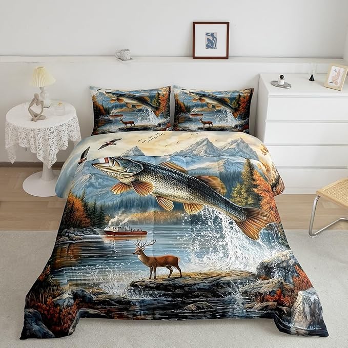 Erosebridal Fishing and Hunting King Bedding Set,Big Bass Pike Fish Comforter Set for Kids Boys Men,Hunting Deer Comforter,Rustic Mountain Cabin Bedroom Room Decor,2 Pillowcases Breathable