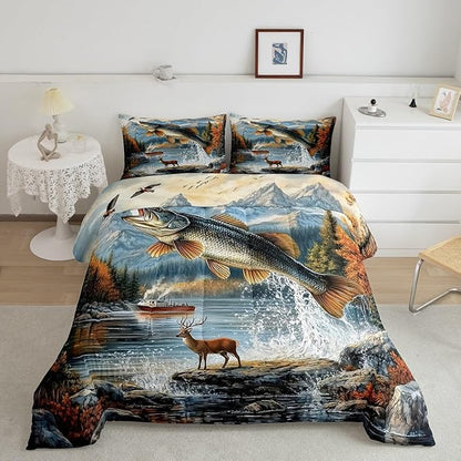 Erosebridal Fishing and Hunting Full Bedding Set,Big Bass Pike Fish Comforter Set for Kids Boys Girls,Hunting Deer Comforter,Rustic Mountain Cabin Bedroom Room Decor,2 Pillowcases Breathable