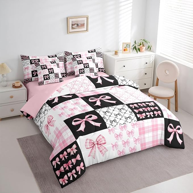 Feelyou Black Pink Bow Comforter Set with Sheets 7 Piece Full Size Princess Bow Bedding Set for Kids Boys Girls Cute Bowknot Bed in a Bag Kawaii Room Decor Soft Lightweight Microfiber