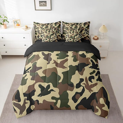 Erosebridal Farmhouse 7 Pcs Comforter Set Twin Size Camo Bedding for Kids Army Camouflage Hunting Bed in A Bag Sheet Set Vintage Brown Green Room Decor Wild Animal Duck Rustic Bed Set