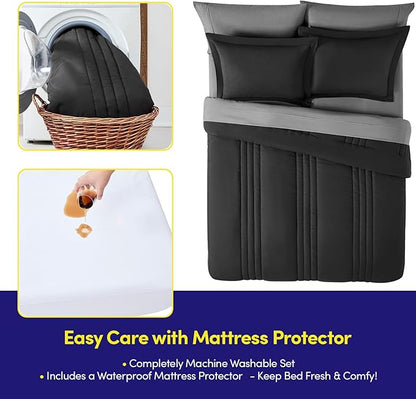 Queen Comforter Set Quilted Stripe Bedding Bundle – Stylish Set with Comforter, Mattress Protector, Sheet Set & Pillow Shams — Sophisticated Striped Design for Home & Guest Rooms, Black/Charcoal