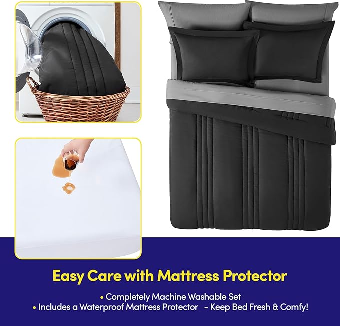 Full Size Comforter Set Quilted Stripe Bedding Bundle – Stylish Set with Comforter, Mattress Protector, Sheet Set & Pillow Shams — Sophisticated Striped Design for Home & Guest Rooms, Black/Charcoal