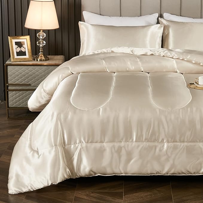 Dreamer Satin Silk Like Cream Comforter - Soft Beige Polyester Filling Luxury 1 Comforter 2 Pillowcases (Queen, Beige)
