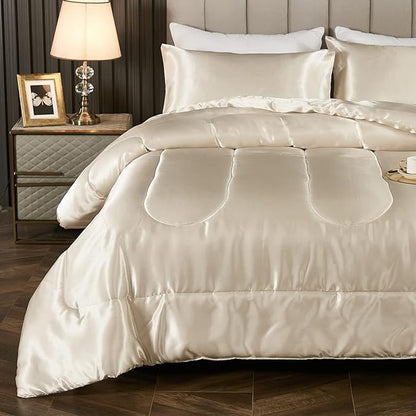 Dreamer Satin Silk Like Cream Comforter - Soft Beige Polyester Filling Luxury 1 Comforter 2 Pillowcases (Queen, Beige)