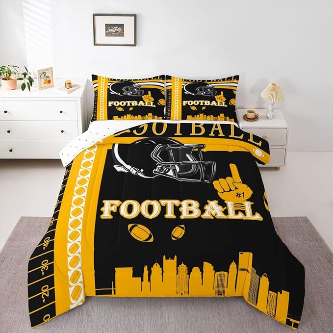 Feelyou Football Bedding Set Boys Girls Queen Size Rugby Sports Comforter Set Sports Theme Women Men Football City Duvet Quilt Black Yellow Room Decor