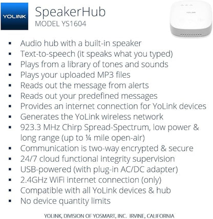 YoLink Water Leak Detection Starter Kit, w/SpeakerHub Audio/Talking Hub & Water Leak Sensor 1, LoRa Up to 1/4 Mile Open-Air Range, SMS/Text, Email & Push Notifications, w/Alexa, IFTTT, Home Assistant