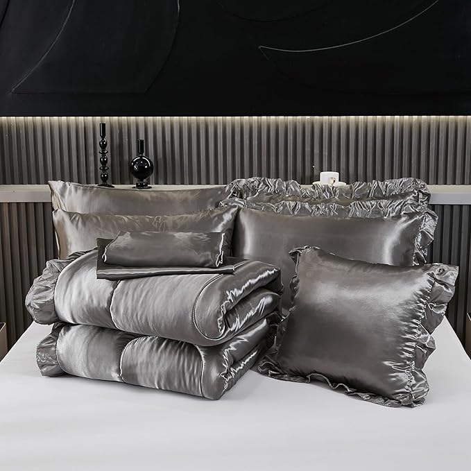 Grey Comforter Set with Satin Sheet Set Full 8 Pieces Silk Like Satin Bedding Set Luxury Silky Ruffle Pattern Home Deocr Sexy Hotel Silky Bed Set with 1 Cushion Cover
