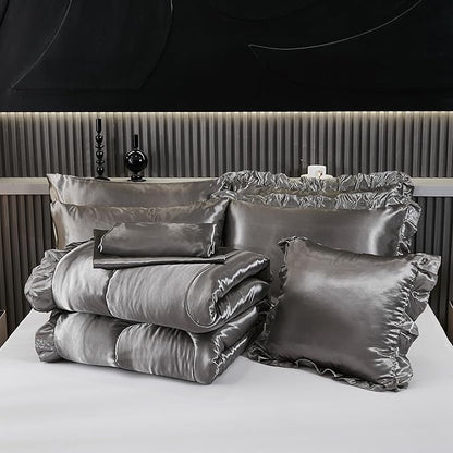 Grey Comforter Set with Satin Sheet Set Full 8 Pieces Silk Like Satin Bedding Set Luxury Silky Ruffle Pattern Home Deocr Sexy Hotel Silky Bed Set with 1 Cushion Cover
