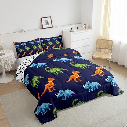Feelyou Cartoon Dinosaur Bedding Set King, Dark Blue Dinosaur Comforter Set for Kids Dinosaurs Print Comforter Boys Girls Jungle Dino Duvet Set Breathable Bedroom Decor with 2 Pillow Case