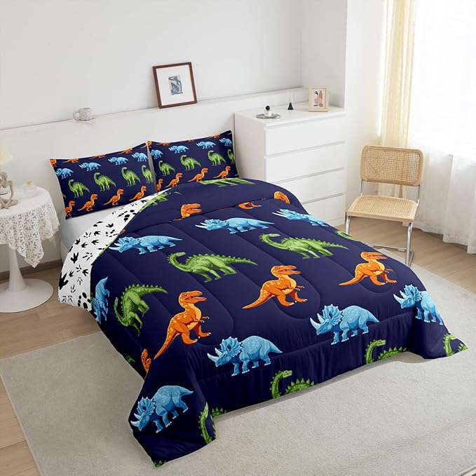 Cartoon Dinosaur Bedding Set Full, Dark Blue Dinosaur Comforter Set for Kids Dinosaurs Print Comforter Boys Girls Jungle Dino Duvet Set Breathable Bedroom Decor with 2 Pillow Case