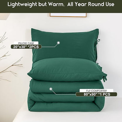Super Soft Double Queen Size Comforter Set, 3 Piece Cozy Comfy Polycotton 1 Fluffy Comforter & 2 Pillow case - Down Alternative Blanket Bedding Set for All Season Forest Emerald Hunter Green