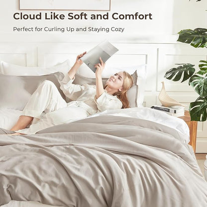 Litanika Linen Grey Comforter Set Queen Size, 3 Pieces Lightweight Solid Bedding Comforter Set, All Season Fluffy Bed Set (90x90In Comforter & 2 Pillowcases)