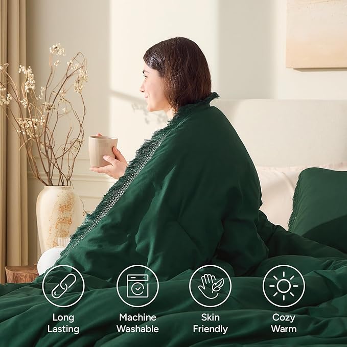 Andency Comforter Oversized King Dark Green 120x98, 3 Pieces Boho Winter Lightweight Bedding Comforter Sets, All Season Tassel Bed Set (1 Comforter & 2 Pillowcases)