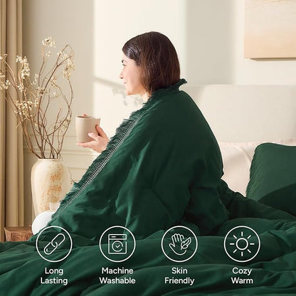 Andency Comforter Oversized King Dark Green 120x98, 3 Pieces Boho Winter Lightweight Bedding Comforter Sets, All Season Tassel Bed Set (1 Comforter & 2 Pillowcases)