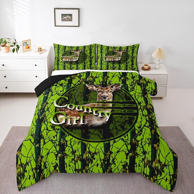 Erosebridal Deer Hunting Camo King Comforter Set,Green Camouflage Bedding Sets for Boys Girls Kids,Rustic Lodge Cabin Quilt Bed Set,Country Hunter Room Decor with 2 Pillowcases,Breathable