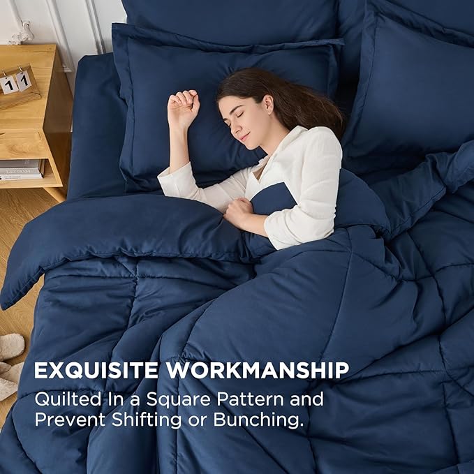 7 Pieces King Comforter Set - Utral Soft Microfiber Bedding Set, Thick Duvet Insert Bed in a Bag Without Rustling Noise for All Season, Navy (102"x90")