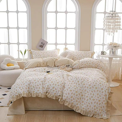 MKXI King Size Pink & Yellow Floral Ruffled Comforter Set - 3 Piece Cottagecore Style Reversible Bed Set with Beige Plaid Pattern, Soft Aesthetic Bedding Set for Girls Wome