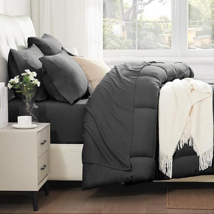SunStyle Home Dark Grey Full/Queen Comforter Set - 7 Pieces Bed in a Bag, Lightweight Goose Down Alternative Bedding Sets with All Season Comforter, 1 Flat Sheet, 1 Fitted Sheet, 4 Pillowcases