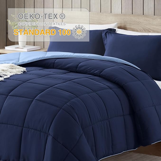 satisomnia Queen Comforter Set, Navy Blue Bedding Comforters Queen Size, 3 Pieces Down Alternative Bed Comforter Lightweight, Soft Quilted Bed Set Breathable, Reversible All Season Bedding Sets