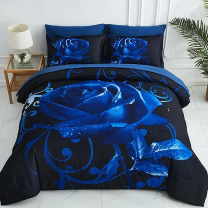 Blue Comforter Set California King 7 Piece Bed in a Bag Blue Rose Comforter with Sheet Set Soft Micorfiber Reversible Bedding Set (1 Comforter,2 Pillow Shams,1 Flat Sheet,1 Fitted Sheet,2 Pillowcases)