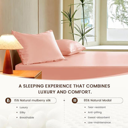 THXSILK Luxury Mulberry Silk Fitted Sheet Set 3 Pcs, King Silk Bed Sheet Set with 16" Deep Pockets, Soft & Cooling Sheets, 1 Fitted Sheet, 2 Pillowcases with Zipper Closure - Charming Pink