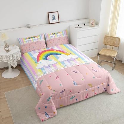 Cute Rainbow Kids Comforter Set Toddler Size,Colorful Dots Stripes Kawaii Sketch Reversible Quilt Set for Boys Girls Teens,Cartoon Style White Lace Print Duvet Insert with 1 Pillowcase