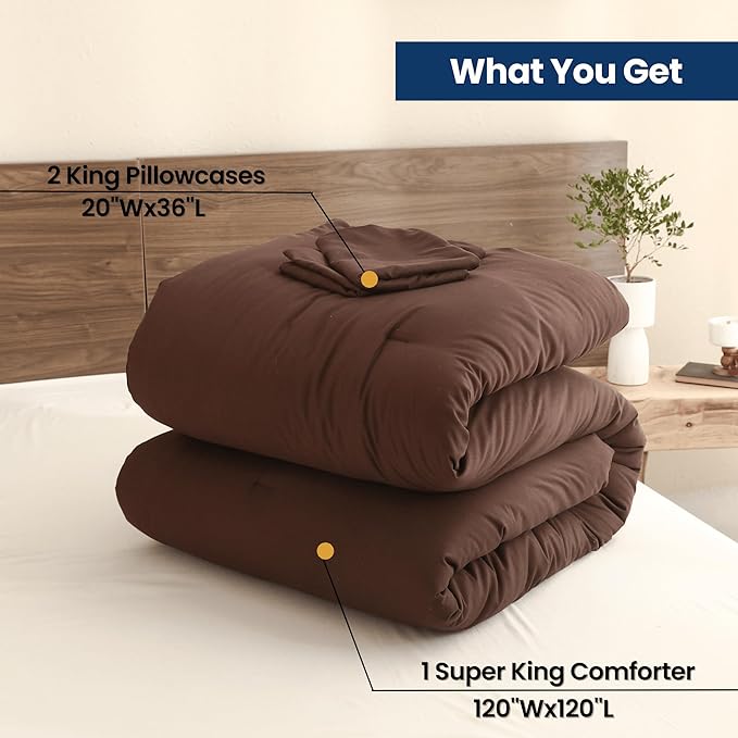 Paxrac Brown Super King Comforter Set 120x120In, 3 Pieces Oversized King Comforter Set, Lightweight Solid Bedding Set, All Seasons Soft Fluffy Bed Set (1 Comforter & 2 Pillowcases)