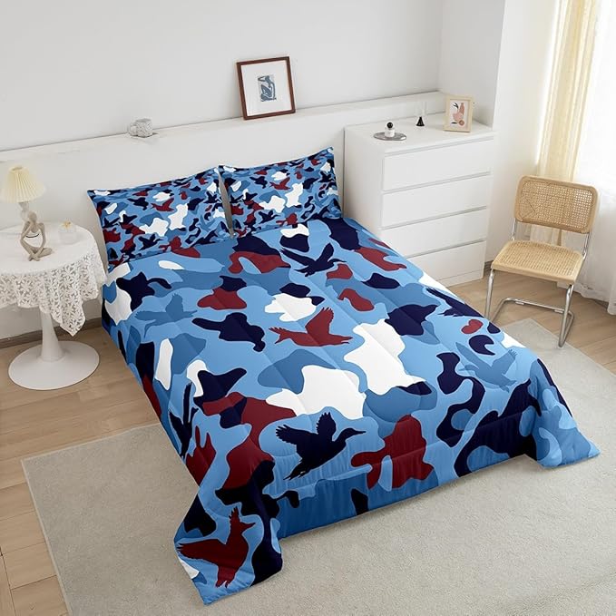 Erosebridal Duck Camo Comforter Set Toddler Size Camouflage Bedding for Kids Hunting Farmhouse Camping Comforter Vintage Navy Blue Room Decor Wild Duck Rustic Animal Duvet Set