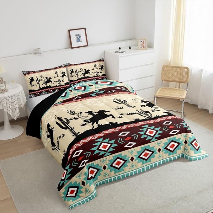 Feelyou Yellow Red Western Decor Bedding Set Southwestern Comforter Set Galloping Horse Wild Western Cowboy Geometric Tribal Comforter Full Size Rodeo Cowboy Style Duvet Set 3Pcs