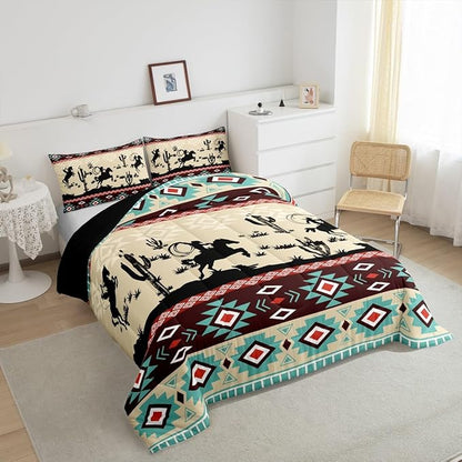 Feelyou Yellow Red Western Decor Bedding Set Southwestern Comforter Set Galloping Horse Wild Western Cowboy Geometric Tribal Comforter Full Size Rodeo Cowboy Style Duvet Set 3Pcs