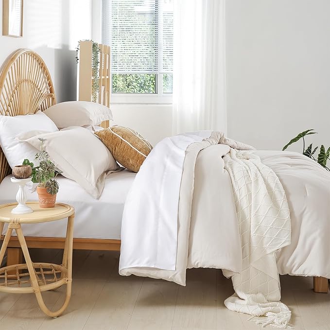 weigelia Twin Comforter Set 5 Pieces Beige Bed in A Bag Soft Queen Bedding Set Lightweight Comforter Set for Women and Men（Comforters, Flat & Fitted Sheets, Pillowcases & Shams）