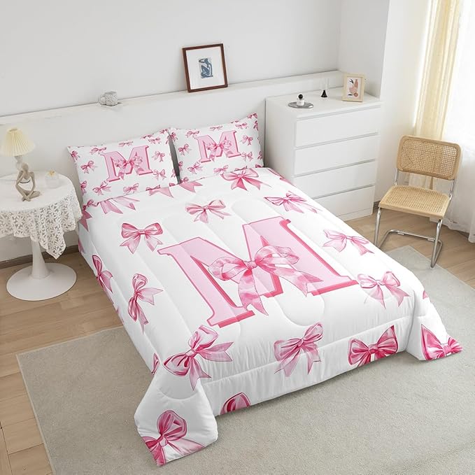 Erosebridal Pink Bowknot Full Bedding Set for Girls,Initial Letter M Comforter Set for Kids Teen Women Room Decor,Pink Watercolor Monogrammed Bedding Comforter Sets Dreamy Princess Bow Quilt Duvet