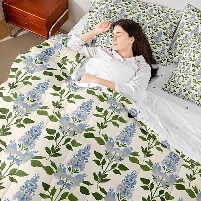 Feelyou Girls Flower Comforter Set with Sheets Queen Size 7 Pieces Kids Romantic Florals Pattern Bedding Set for Boys Women Teens Botanical Nature Garden Theme Bed in a Bag Room Decor